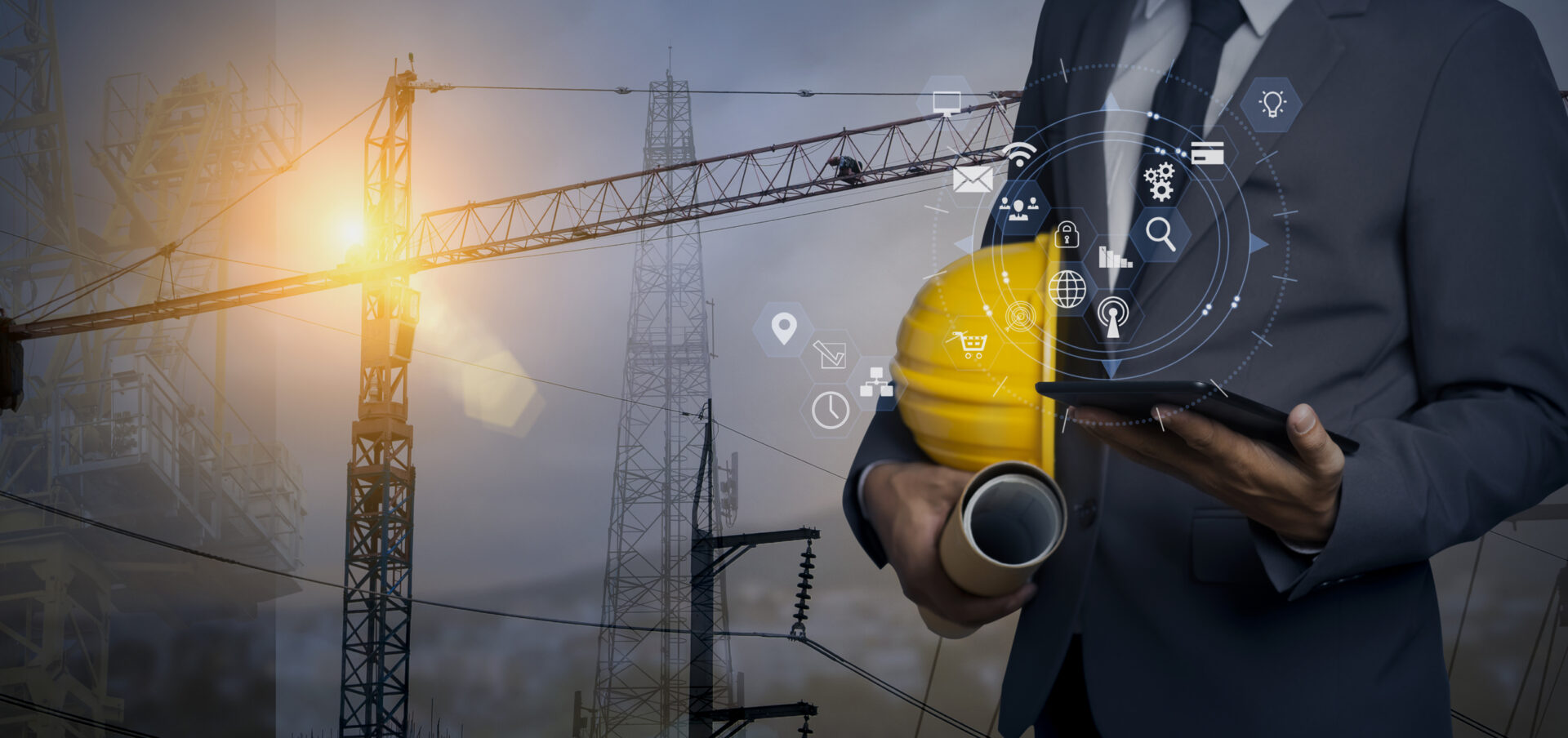 Double exposure engineering on construction cranes background.